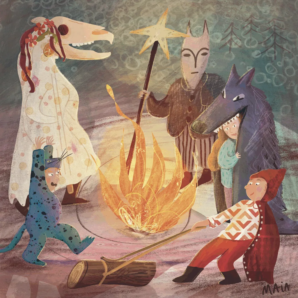 Yuletide folklore scene illustration
