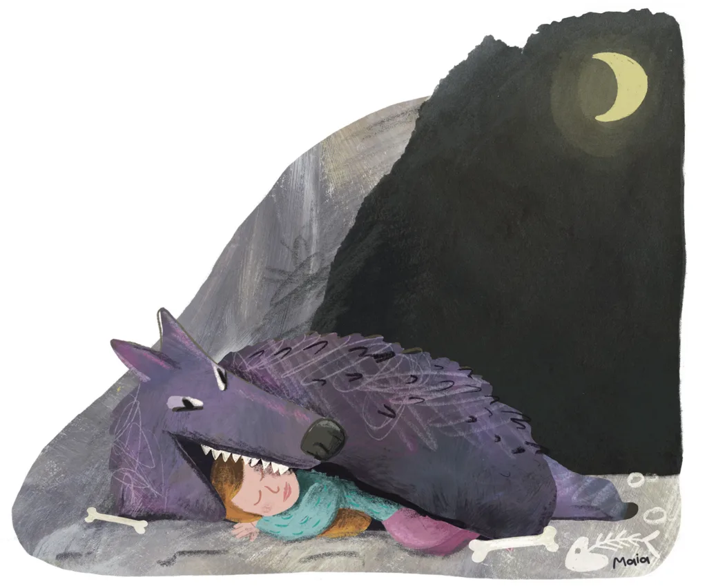 Wolf Girl Sleeping in a cave Children's book illustration