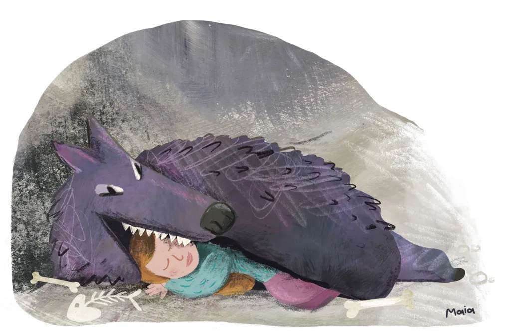 Wolf Girl in a cave Children's Book Illustration