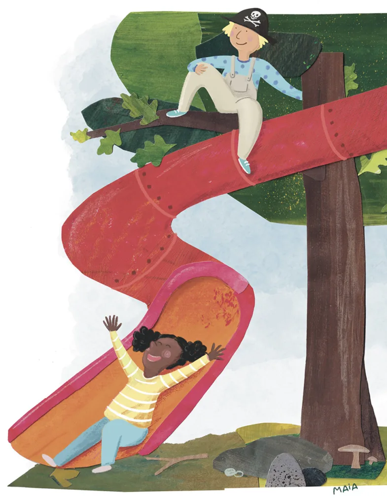 Outdoor adventure playground illustration using Paper Cut Collage for children's publishing by Hannah Maia
