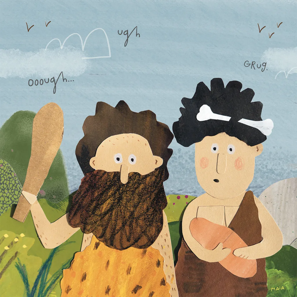 Stone Age cave men character children's illustration made from paper collage by Hannah Maia