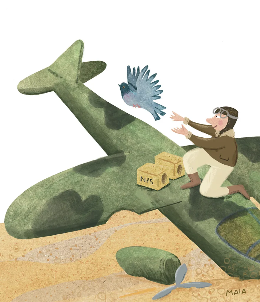 Historical Children's Illustration of a crashed fighter pilot releasing messenger pigeon
