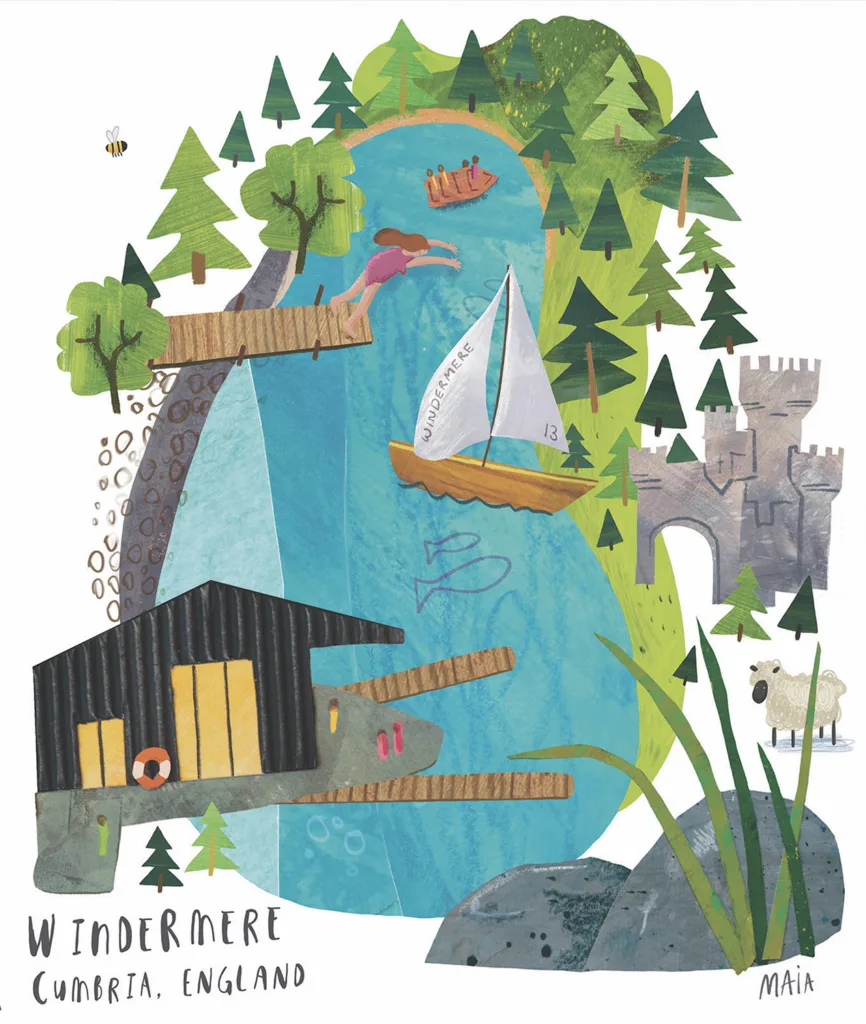 Windermere tourist Illustration made from paper cut collage by Hannah Maia
